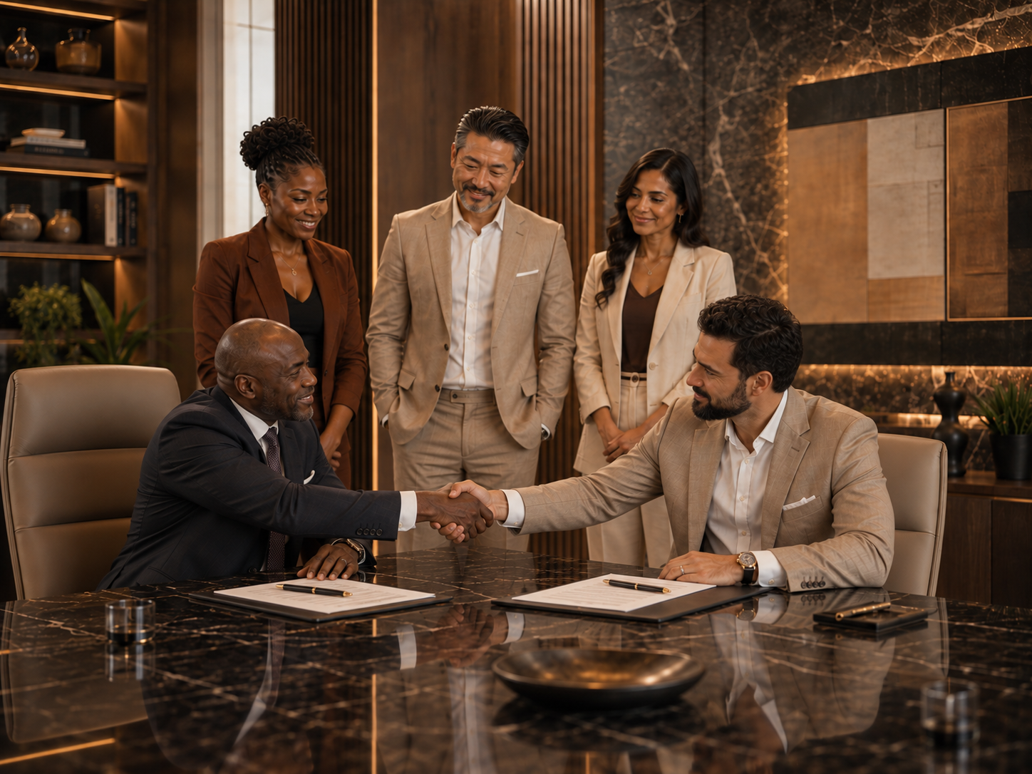 Partners finalising a brand and communications agreement in a corporate lounge