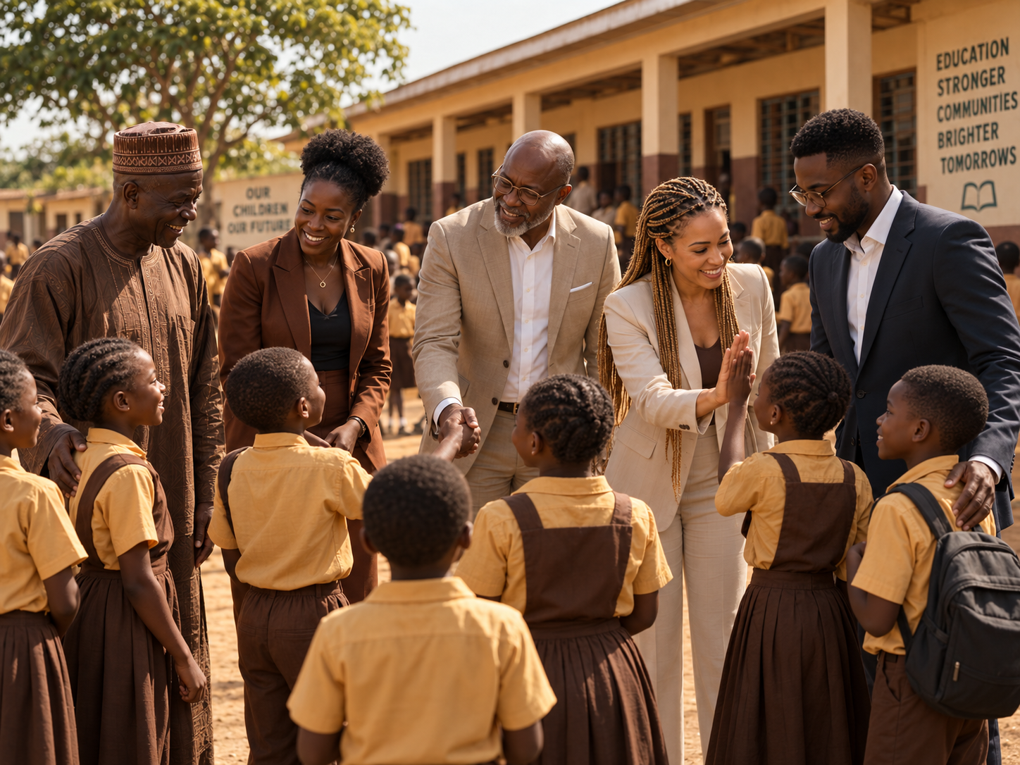 DWA Foundation partners meeting with community elders and schoolchildren outside a rural school